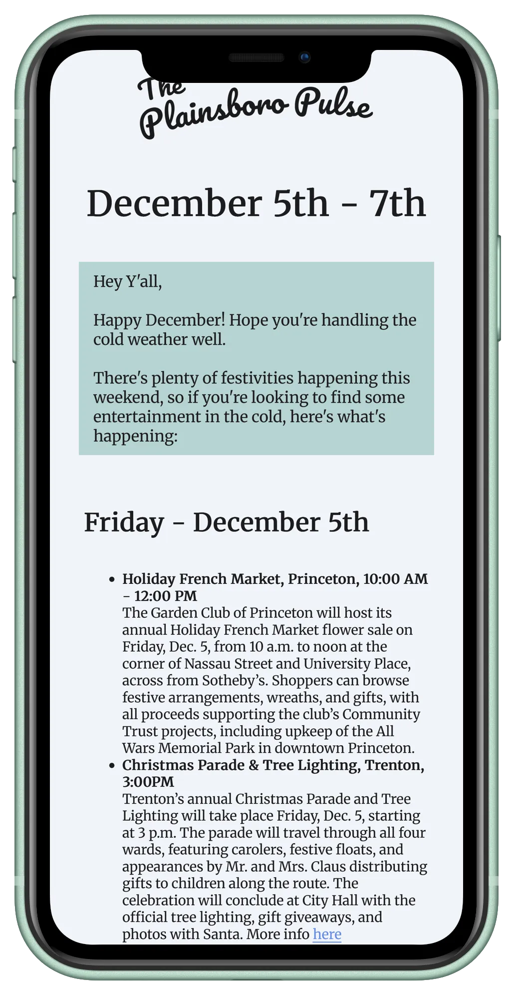 Preview of The Plainsboro Pulse newsletter showing upcoming Central Jersey events